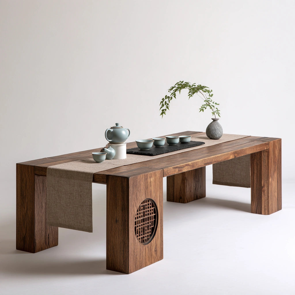 Tavolino basso in stile tradizionale in legno, colore legno naturale
