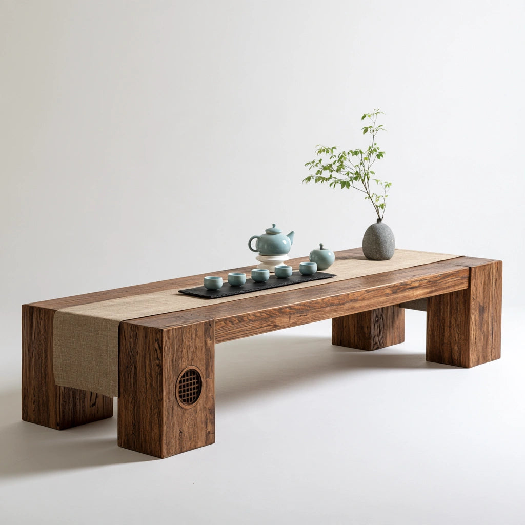Tavolino basso in stile tradizionale in legno, colore legno naturale