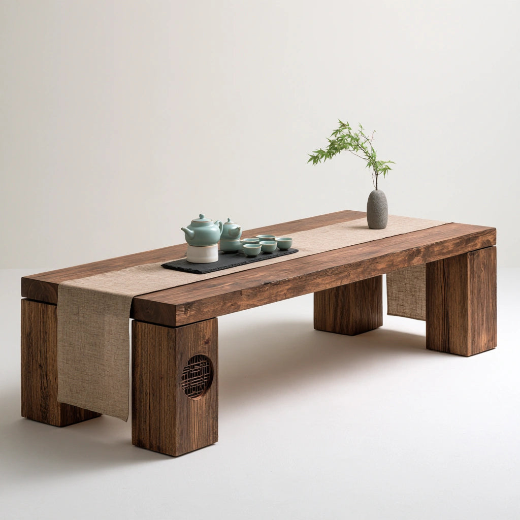 Tavolino basso in stile tradizionale in legno, colore legno naturale