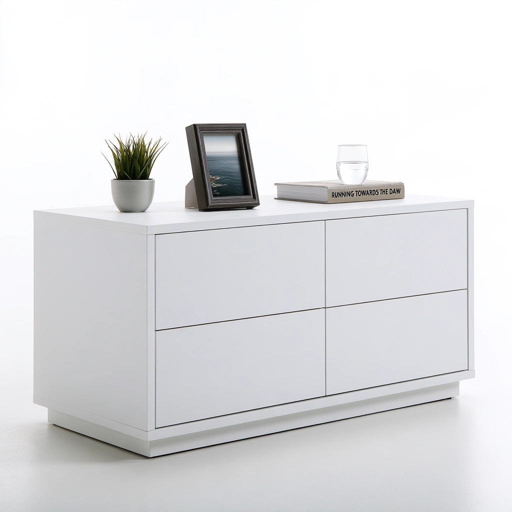 Comodino dalle linee essenziali con due cassetti, colore bianco
